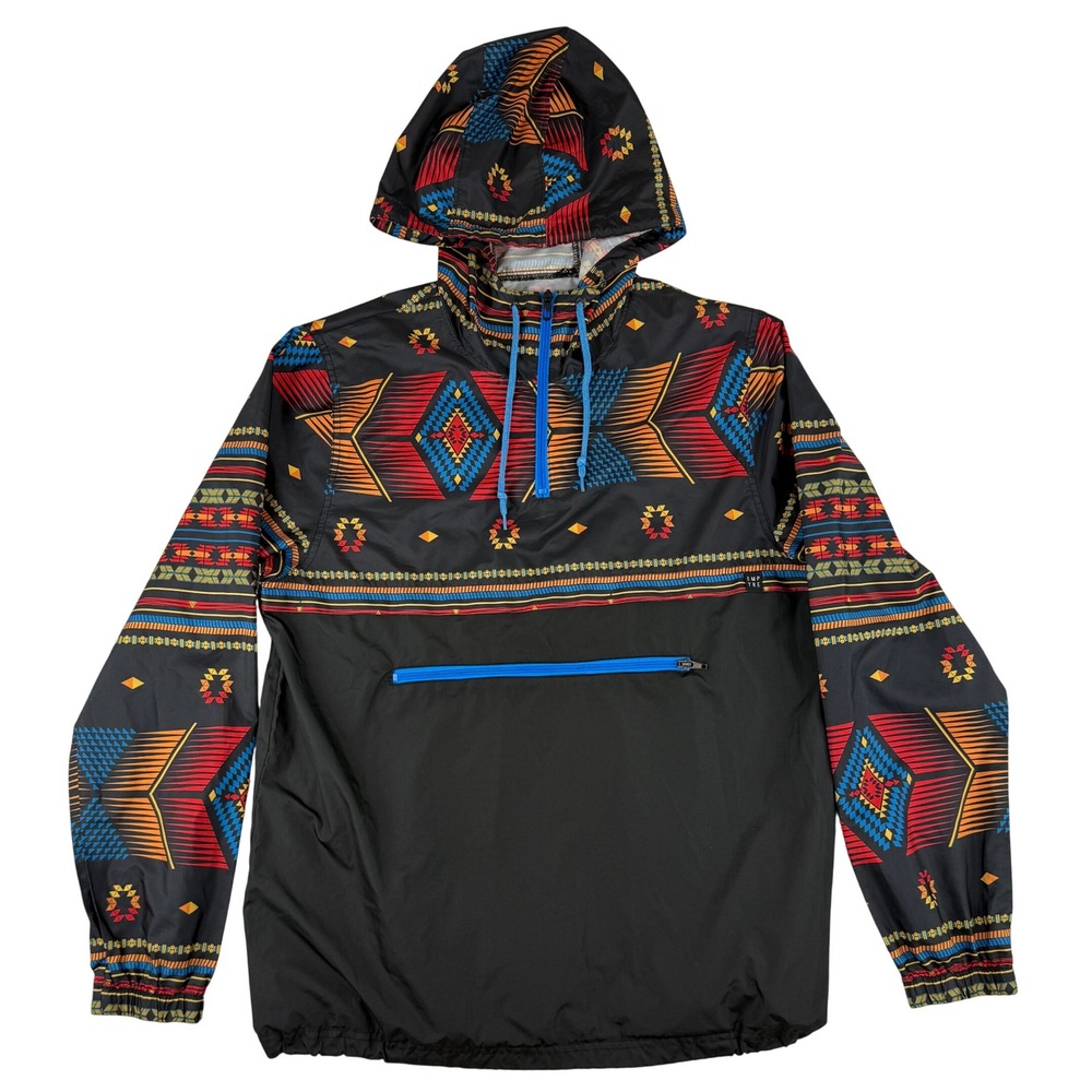 Empyre Windbreaker Jacket Mens Medium Black Aztec Geometric Print 1/4 Zip Hood